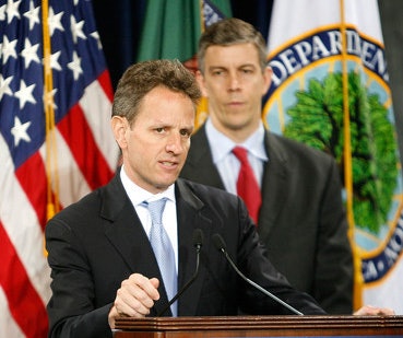 Secretaries of Treasury and Education, respectively, Tim Geithner and Arne Duncan are set to receive a report on the status of student loan repayment today. (Getty Images)