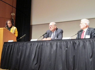 Norman Augustine, center, noted that too many women and minorities have been and are discouraged from pursuing science and engineering.
