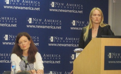 Amy Laitinen of New America Foundation, right, moderates a panel that included Iris Palmer of the National Governors Association in a discussion of a report that identified some “barriers to postsecondary attainment.”