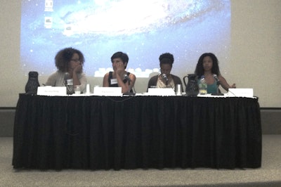 Doctoral student Kevina King (far left) on a panel this weekend with Jemele Watkins (far right) at the third Black German Heritage & Research Association International Conference held at Amherst College.