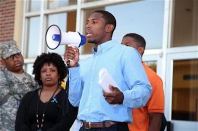 Naquan Smith speaks at a “State of Emergency” gathering in Grambling, La., on Thursday, Oct. 17, 2013.