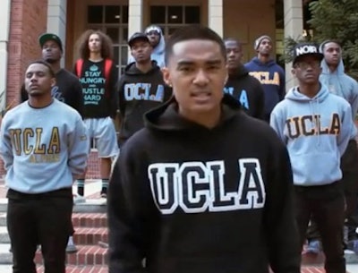 A group of UCLA students, led by Sy Stokes (center), recently posted a YouTube video voicing their concerns about the low number of Black students on campus. Black admission rates in the University of California system have declined since the mid-1990s.