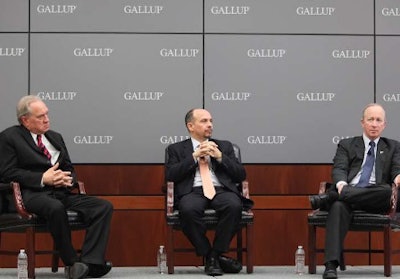 Jim Clifton, CEO and chairman of Gallup Inc.; Jamie Merisotis, president and CEO of the Lumina Foundation; and Mitch Daniels, president of Purdue University, discussing the Gallup-Purdue Index.
