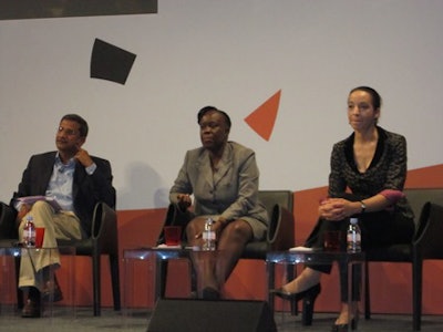 (Left) Pankaj Chandra, Professor of Production and Operations Management at the Indian Institute of Management Bangalore, (middle) Lillian Tibatemwa-Ekirikubinza, Lord Justice Professor in the Constitutional Court of Uganda, and (right) Stanford economics professor Caroline Hoxby discuss expanding access to higher education for diverse populations throughout the world.