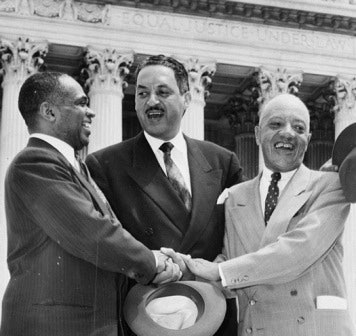 Thurgood Marshall (center) celebrates Brown decision of May 17, 1954 at U.S. Supreme Court.