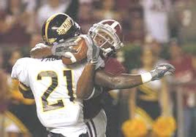 Three weeks after making this celebrated catch, Tyrone Prothro suffered a complete fracture of both major bones of his lower left leg in a win against Florida, effectively ending his football career.