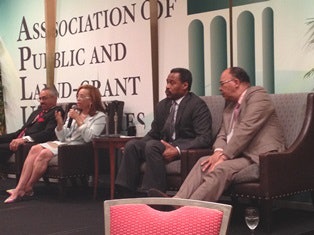 Drs. Carlton E. Brown, president of Clark Atlanta University; Debra Saunders-White, president of North Carolina Central University; John Silvanus Wilson Jr, president of Morehouse College; and Erroll B. Davis Jr., outgoing superintendent of Atlanta Public Schools, participate in a panel discussion at the HBCU Summit.