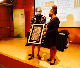 HBCUstory founder Dr. Crystal deGregory, right, presents Dr. Johnetta Cole with the HBCUstory Storyteller of the Year emerita award.