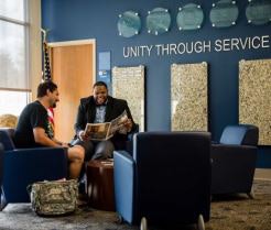 Eugene Bernard, right, in the San Jacinto College South Campus. (Photo courtesy of San Jacinto College)