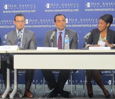 Alex Holt (left) with Rohit Chopra and Zakiya Smith discuss financial aid reform at New America Foundation event. (Photo by Ronald Roach)
