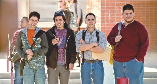 A still from Spare Parts features the robotics teammates (from left to right): David Del Rio as Cristian Arcega, José Julián as Lorenzo Santillan, Carlos PenaVega as Oscar Vazquez, and Oscar Gutierrez as Luis Aranda.