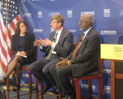 Health research executive Ceci Connolly (left) moderates National Press club event with Patrick Kennedy (center) and Dr. David Satcher (right). (Photo by Ronald Roach)