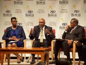 Dr. Frank G. Pogue, interim president of Cheyney University, center, says accreditation issues are a particular threat to HBCUs in the South. (Photo by Robert Eubanks)