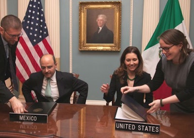 Memorandum of Understanding on Internships was signed by Assistant Secretary Evan Ryan (seated right) and Under Secretary of North American Affairs Sergio Alcocer (seated left). (Photo courtesy of the U.S. Department of State)