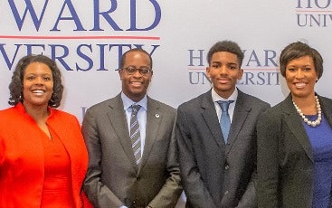 From left to right, DCPS Chancellor Kaya Henderson, Howard University President Wayne A.I. Frederick, McKinley Technology High School student Miles Jack Johnson and D.C. Mayor Muriel Bowser kick off the new dual enrollment program. (Photo courtesy of Howard University)