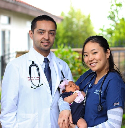 Ricardo Padilla and his wife, Cindy Padilla, his high school sweetheart and also a CSUF graduate, along with their baby girl, Cadence Padilla. Padilla credits his wife, an ICU nurse at UCLA, with supporting the family financially while he goes through medical school.