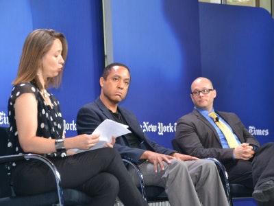 Columbia University professor John McWhorter, center, and Dr. Angel Pérez, vice president for enrollment and student success at Trinity College, right, join moderator in a session titled “Race and Class in Admissions and on Campus.”