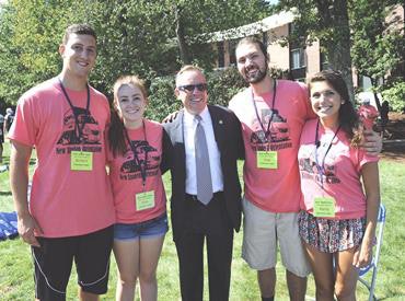 New students at St. Anselm College, a Benedictine liberal arts college in Manchester, N.H., meet at student orientation with the college’s president, Dr. Steven DiSalvo. There they learn about campus safety and other initiatives designed to keep students protected. (Photo courtesy of Fairfield University)