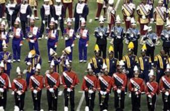 Band members stand on the field during the annual Honda Battle of the Bands, Saturday, Jan. 26, 2013, in Atlanta (AP photo)