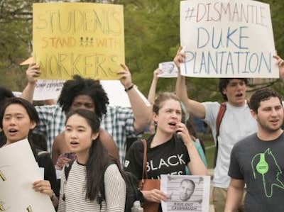 Duke students demanded action from administrators in April regarding the incident involving Executive Vice President Tallman Trask and parking employee Shelvia Underwood. (Photo courtesy Jesus Hidalgo and Guatam Haithi/The Chronicle)