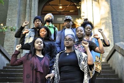 The University of Oregon (UO) Black Student Task Force, from bottom left to right, by row: Denisa Clayton and Ashley Campbell, Shaniece Curry and Alexis White, Diamante Jamison and Dayja Curry, and Kena Gomalo and Jaleel Reed.
