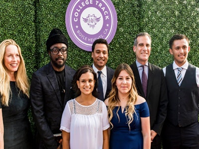 Recording artist will.i.am, second from the left, financially supports College Track in addition to serving as a board member. (Photo courtesy of Los Angeles Mayor Eric Garcetti)