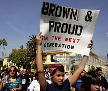 Wells, Annie   134872.ME.0308.walkout Sonia Salazar, 20, a UCSB student in Chicano Studies and Belmont HS graduate, joins over 1,000 people to commemorate the historic East LA student walkouts of 1968. They marched from Lincoln High School (in the background) to Hazard Park. The 1968 action launched the Chicano Civil Rights Movement . Photo by Annie Wells 03/08/08