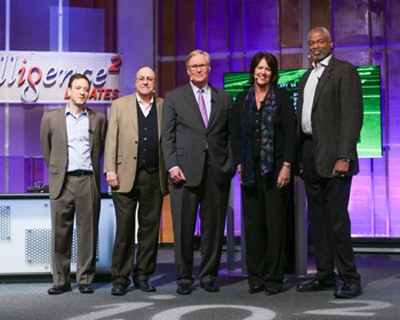 From left, Andy Schwarz, Joe Nocero, moderator John Donvan, Christine Brennan and Len Elmore. (Photo courtesy of Samuel Lahoz)