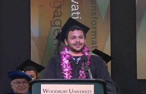 Woodbury University graduate Jorge Mendez Barcelo speaks at the commencement.