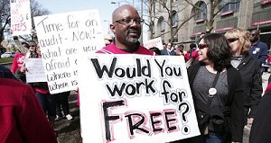 Detroit teachers stage a sick-out for the second day in a row and protest in front of Detroit Public Schools headquarters, causing 94 of the 97 Detroit school districts to close, May 3, 2018 in Detroit, Michigan. (Photo by Bill Pugliano/Getty Images)