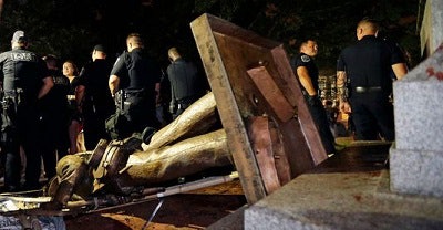 Confederate statue ‘Silent Sam’ after being taken down by protestors in August, 2018