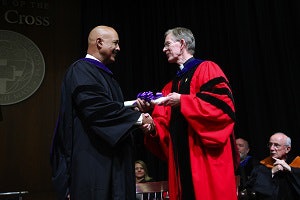 Theodore V. Wells Jr. with Holy Cross president Rev. Philip L. Boroughs, S.J.