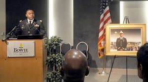 First Lt. Marcus Craig speaking during the ceremony Wednesday announcing the launch of the 2nd. Lt. Richard W. Collins III Leadership with Honor Scholarship at Bowie State University.