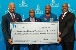 NASA astronaut Leland Melvin presents Base 11 Grant check to Morgan State University