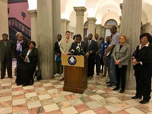 Rep. Jerry Govan, D-Orangeburg, and several other members of the Legislative Black Caucus join administrators of Denmark Technical College at the Statehouse to voice opposition of latest proposal to turn the college into a trade school.