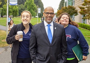 Dr. William Gregory Sawyer with president of Associated Students Carley Chatterley (left) and a Sonoma State student (right).