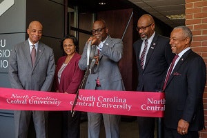 NCCU leaders at the unveiling of a new on-campus television studio.