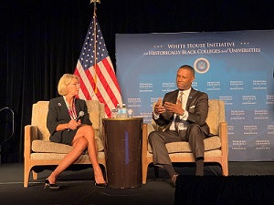 U.S. Secretary of Education Betsy DeVos participates in a conversation with Johnny C. Taylor, the president and CEO of the Society for Human Resource Management.
