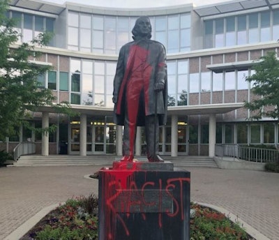 A photo of Brigham Young which was vandalized with red paint earlier this week as part of anti-racism protests nationwide.