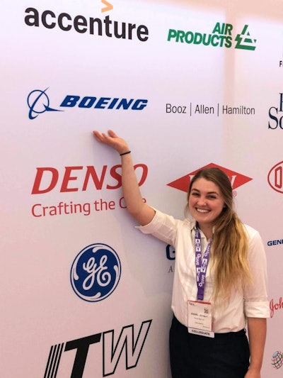 Isabel Joyner ’20 poses after just learning she’d earned an internship at Boeing. Isabel was later hired by Boeing’s Research and Technology division as a propulsion engineer for the Artemis program, working to put the first woman and next man on the moon by 2024.