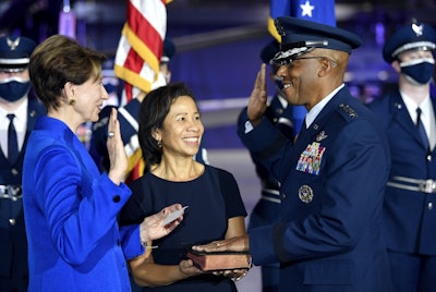 Secretary of the Air Force Barbara M. Barrett administers the oath of office to incoming Air Force Chief of Staff Gen. Charles Q. Brown, Jr.