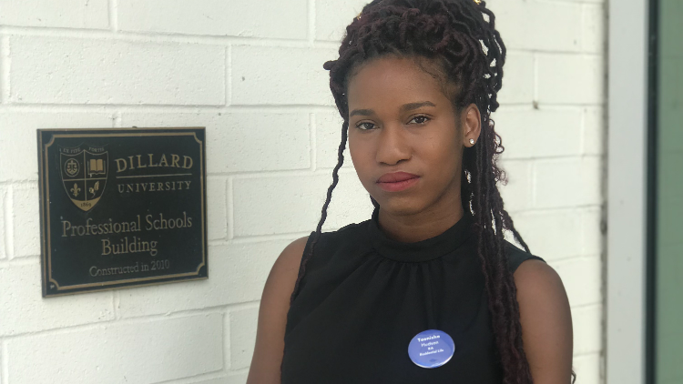 Toenisha Hudson is photographed in front of the president’s office at Dillard University. Hudson, not interviewed for this article, has participated in the debate and mock trials held by Dillard University.