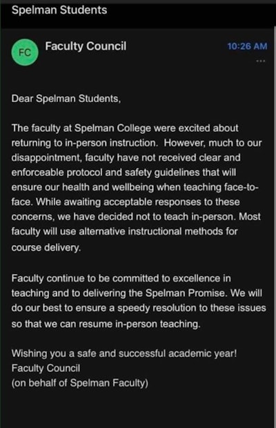 Screen capture of the email sent out from Spelman's Faculty Council.