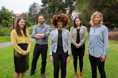 UC Berkeley’s new interdisciplinary Climate Equity and Environmental Justice faculty cluster. From left, Meg Mills-Novoa, Daniel Aldana Cohen, Maya Carrasquillo, Danielle Zoe Rivera and Zoé Hamstead.