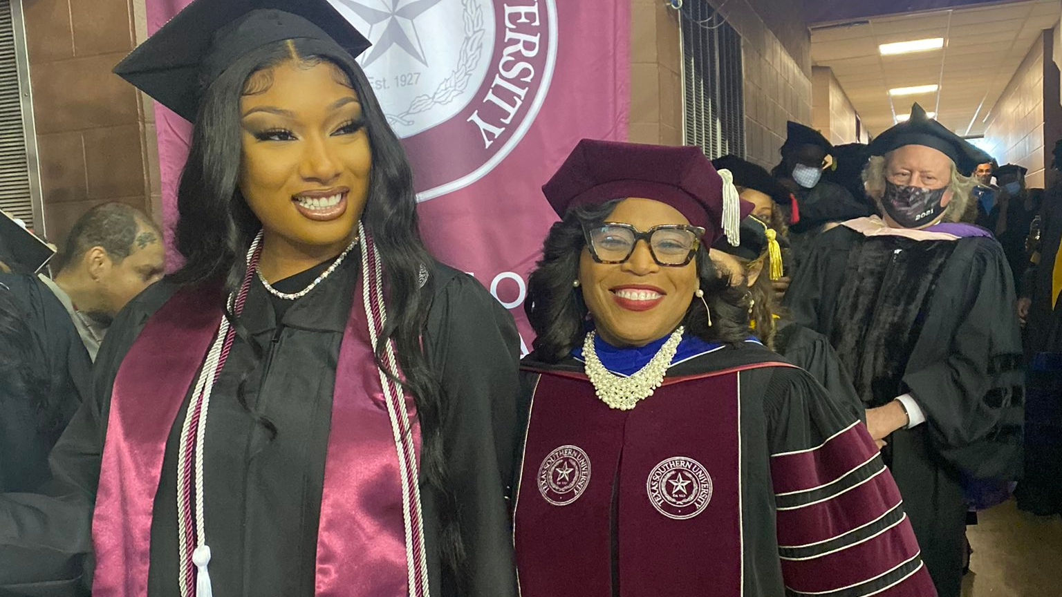 TSU&rsquo;s 13th President Dr. Lesia Crumpton-Young, right, stands with Megan Pete aka Megan Thee Stallion