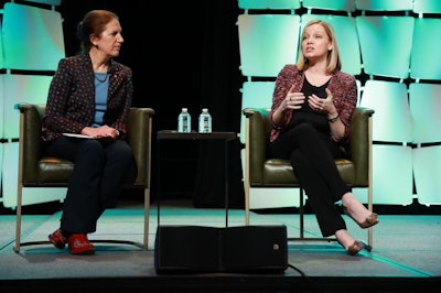 American University president Sylvia Burwell in conversation with pollster Kristen Soltis Anderson at the opening plenary of the American Council on Education's annual meeting in San Diego.