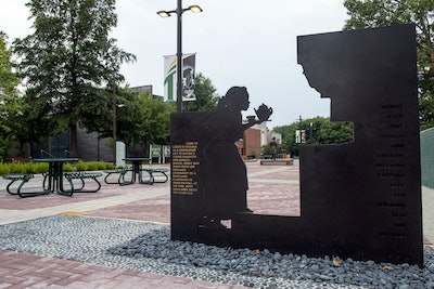One panel of the Enslaved People of George Mason Memorial at George Mason University
