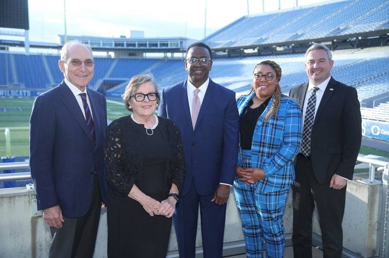 L-R: UK President Eli Capilouto, UK CAFE Dean Nancy Cox, Jim Coleman, UK Associate Dean of Diversity, Equity and Inclusion Mia Farrell and Kentucky Commissioner of Agriculture Ryan Quarles