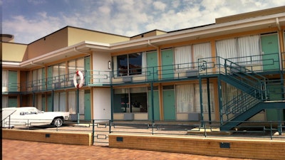 The Lorraine Motel, with a wreath placed over the site of Rev. Dr. Martin Luther King Jr.'s assassination.