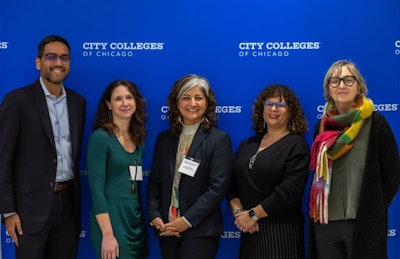 Pictured from the left, OMD CEO, Aneesh Sohoni; Kelly Hallberg, Scientific Director at University of Chicago Inclusive Economy Lab; Veronica Herrero, Chief of Staff and Vice-Chancellor of Institutional Advancement at City Colleges of Chicago; Joanna Trotter Executive Director at JPMorgan Chase; Marianne Bertrand, Professor of Economics at University of Chicago Booth School of Business .